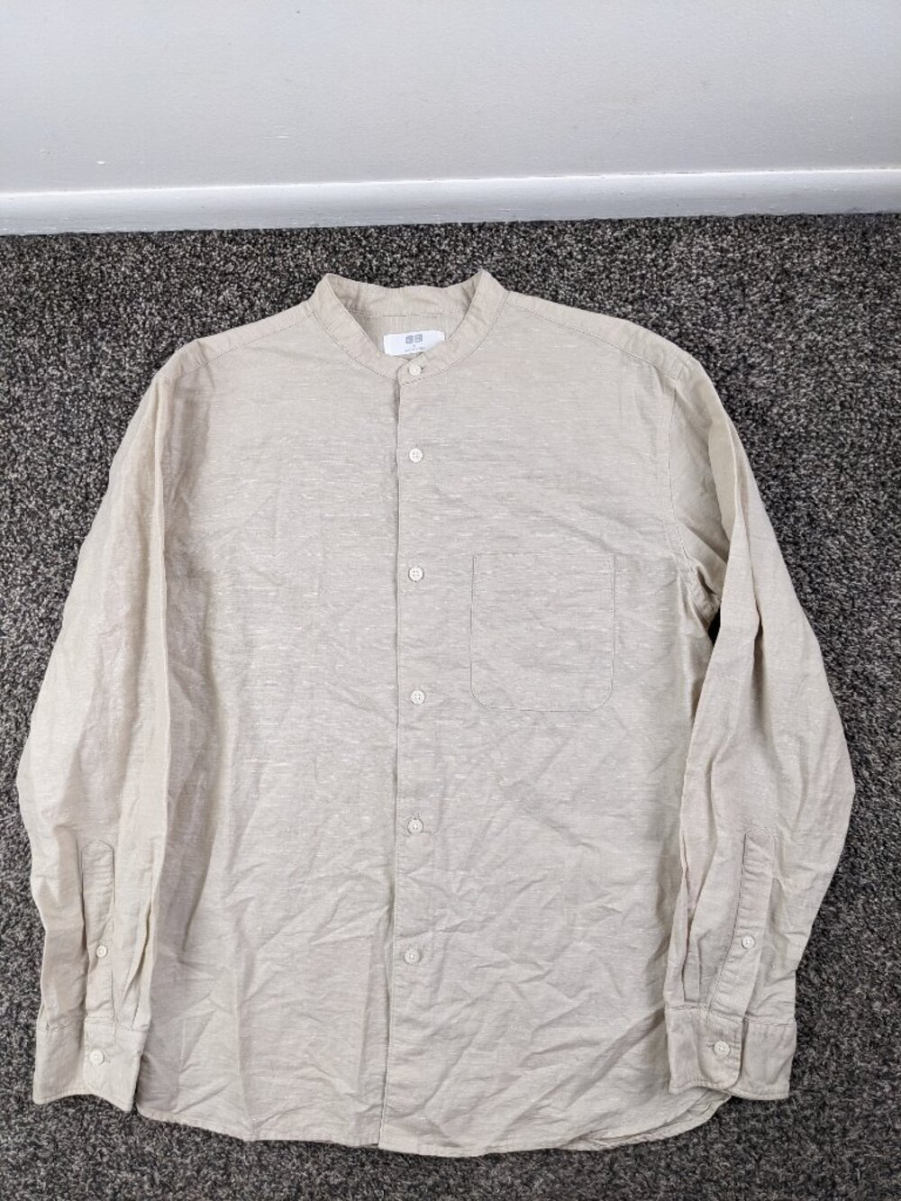 Uniqlo Shirt Linen Blend Banded Collar Long Sleeve Button Beige Tan Mens Small